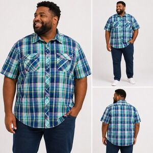 Blac Lacquer Shirt Short Sleeve Multicolor Plaid Casual Epaulets Mens 4XL